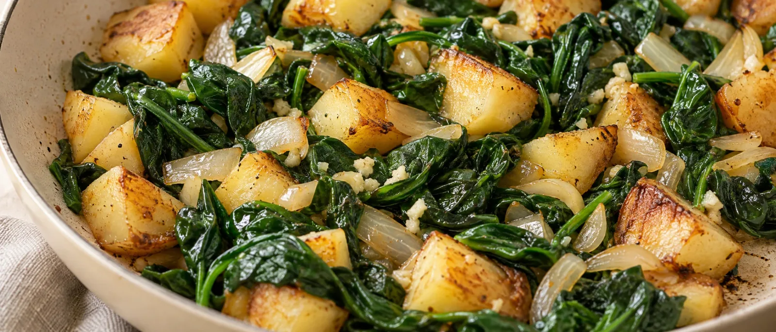 Wilted spinach leaves mixed with browned potatoes and onion