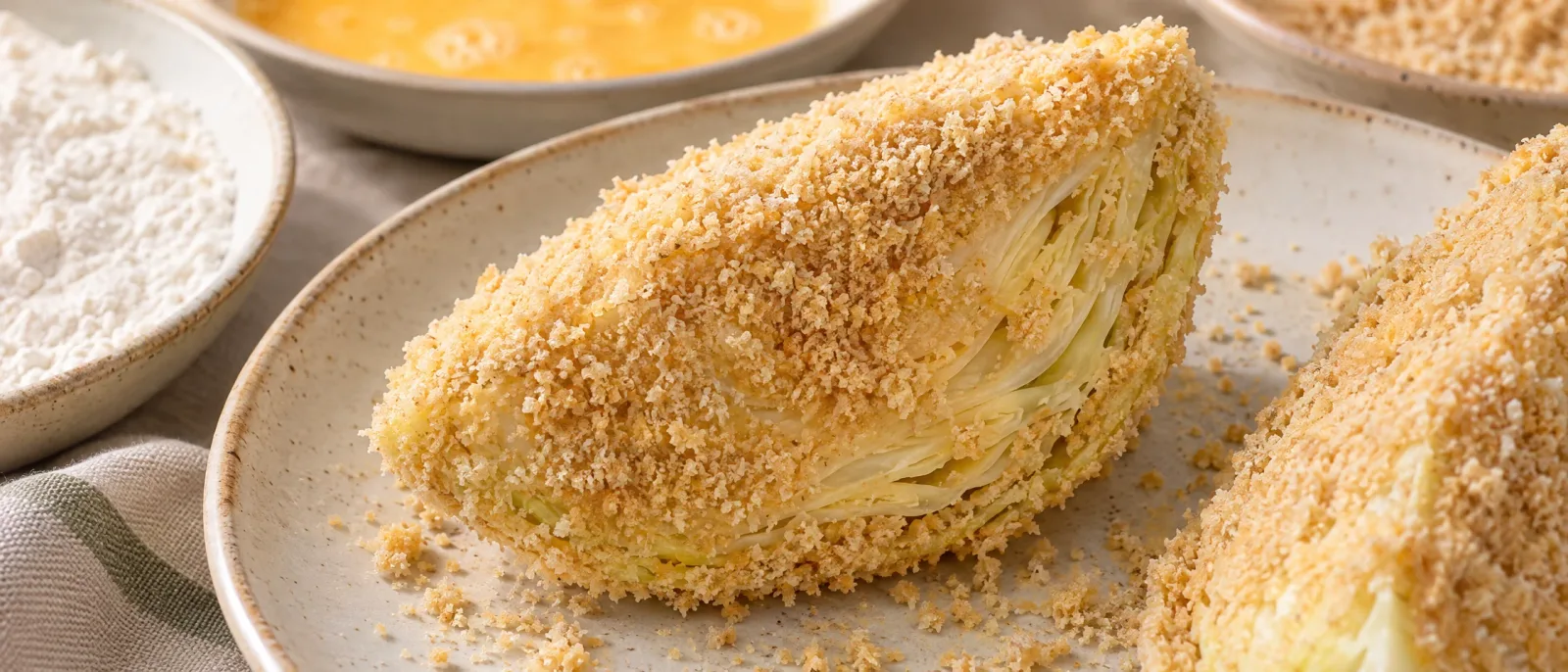 A cabbage wedge in a pale breadcrumb coating beside dishes of flour, egg and breadcrumbs