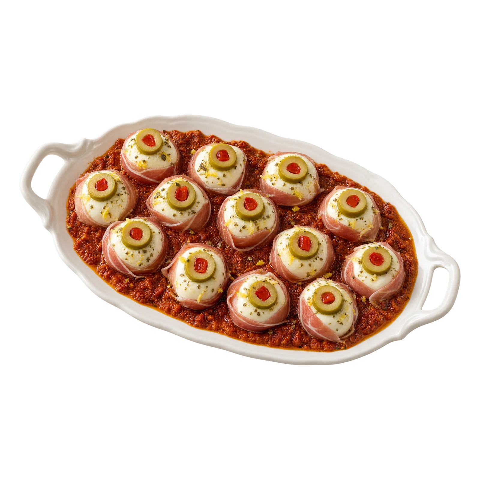 Oczy z mozzarelli, oliwek i prosciutto na czerwonym pesto