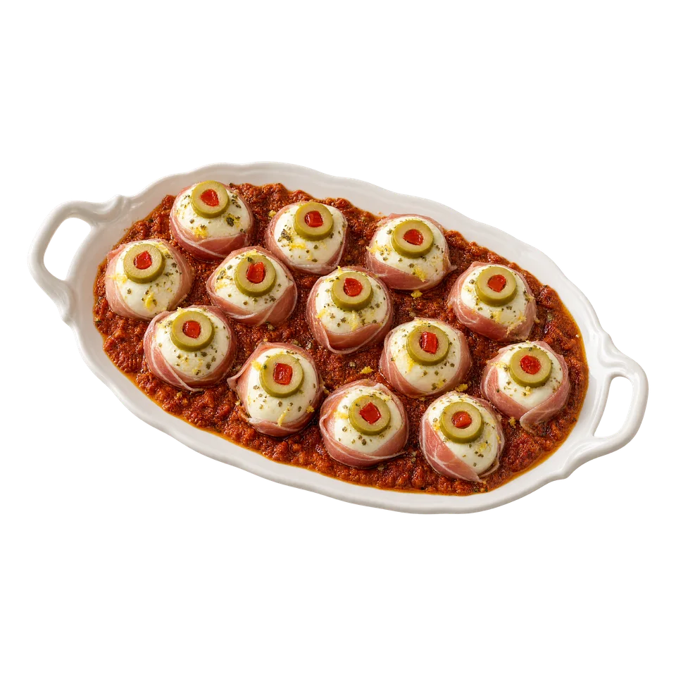 Oczy z mozzarelli, oliwek i prosciutto na czerwonym pesto