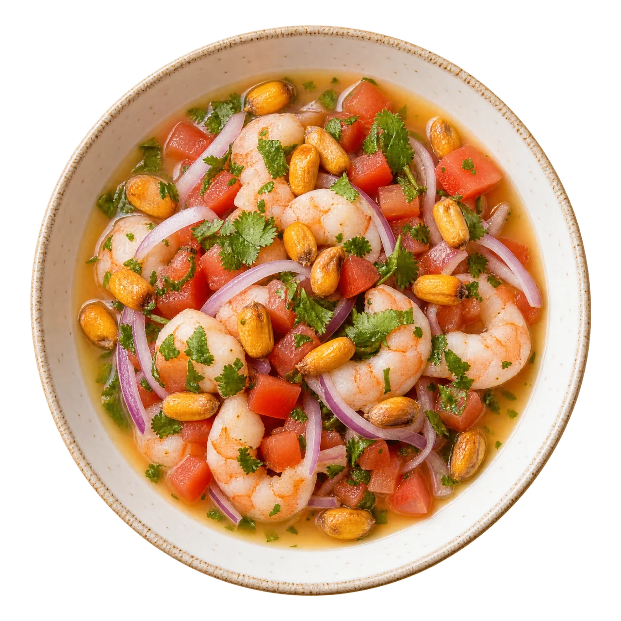 Ceviche z gotowanych krewetek, pomarańczy i limonki
