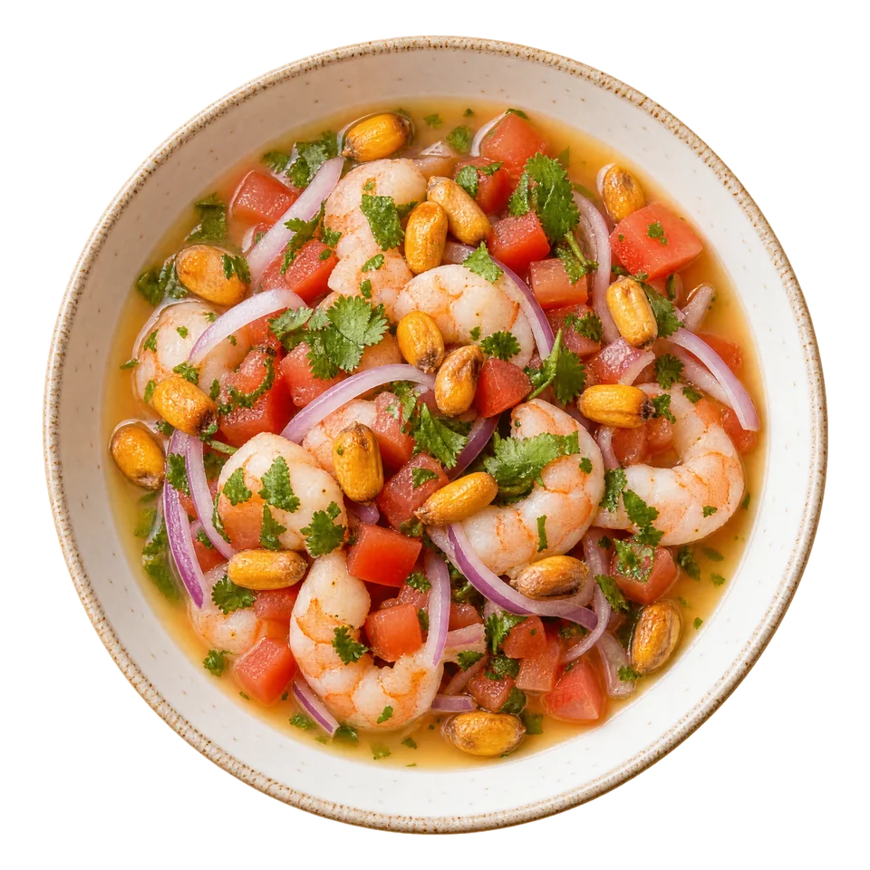 Ceviche z gotowanych krewetek, pomarańczy i limonki