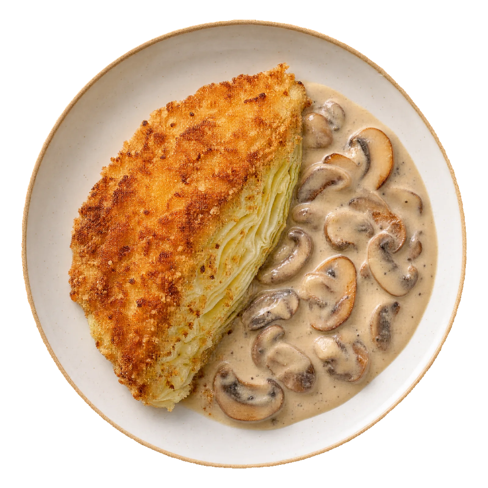 A golden-brown breaded cabbage wedge on a plate with creamy mushroom gravy alongside