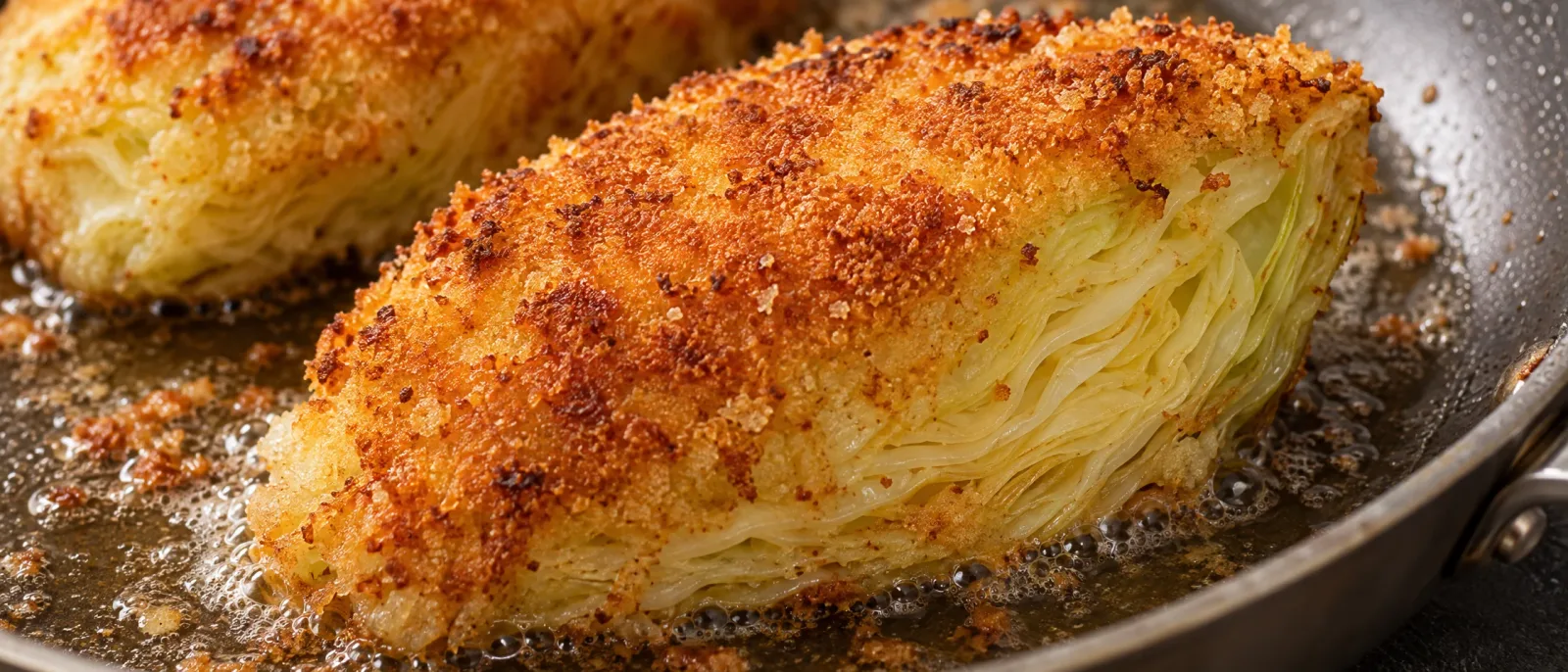 A golden-brown breaded cabbage wedge frying in oil in a pan
