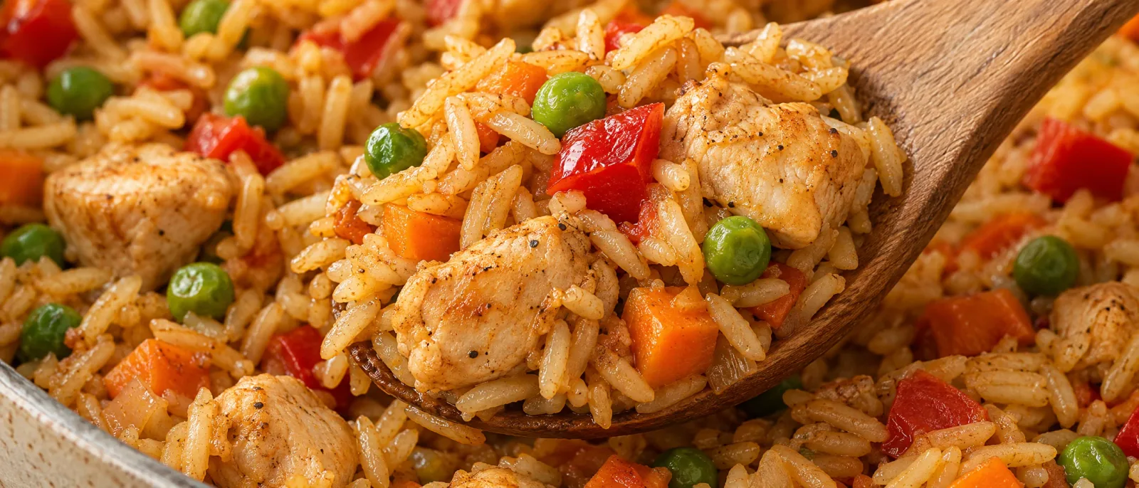 A spoonful of rice with chicken pieces, carrot, pepper and peas