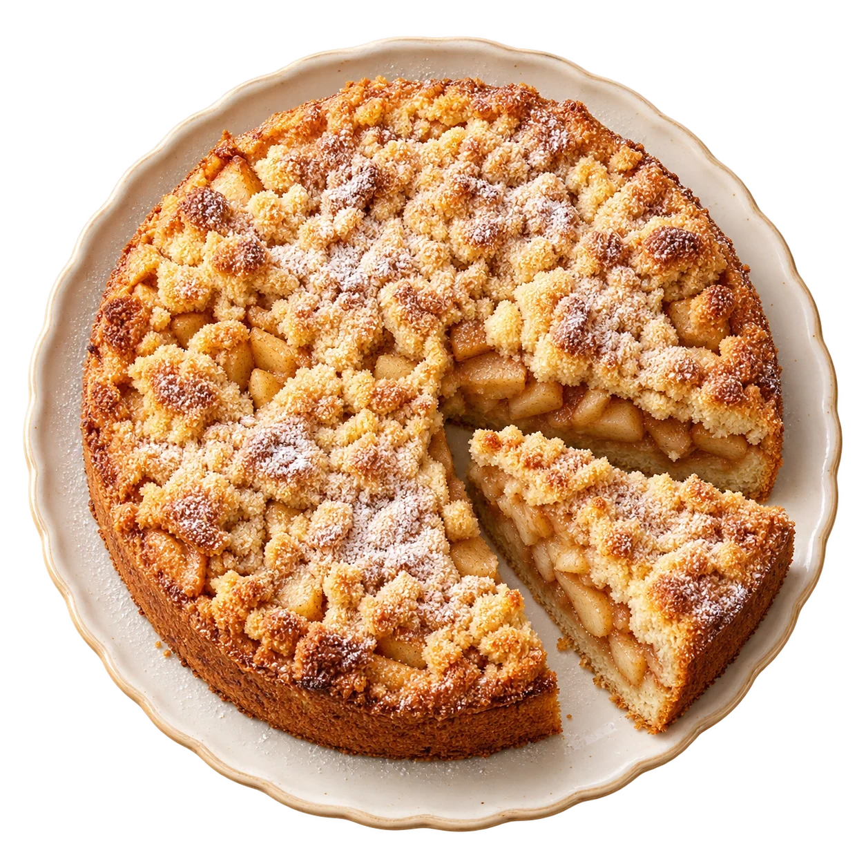 a slice of apple cake with a crumbly topping