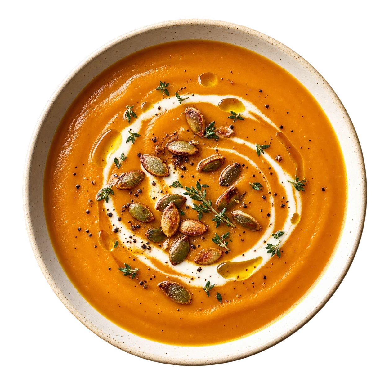 pumpkin soup topped with seeds and olive oil